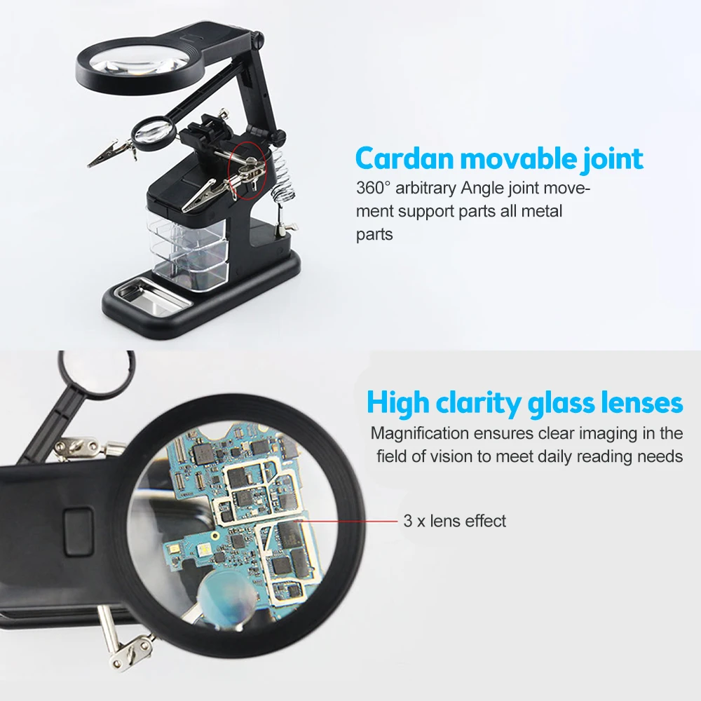 Durable Soldering Iron Station Stand Table Welding Magnifying Glass Clip 3 Hands Helping Desktop Magnifier Soldering Repair Tool