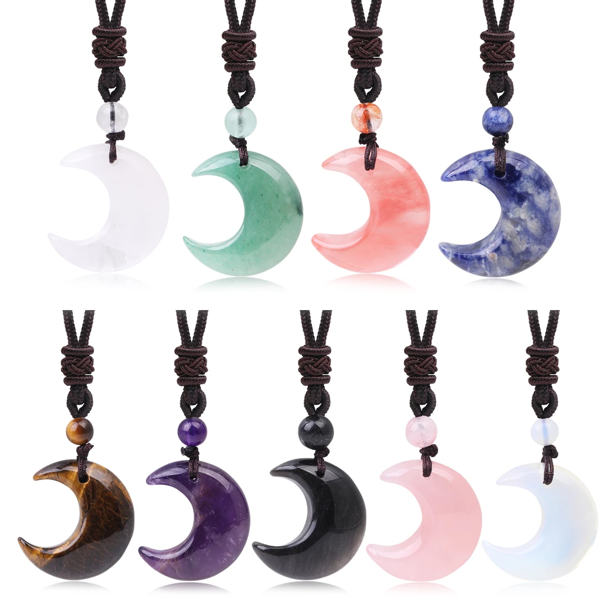 

Moon Cat Eye Crystal Necklace Natural Gem Stone Pendant Tiger Eye Amethysts Pink Quartz Black Obsidian Opal Rope Wrap Necklace