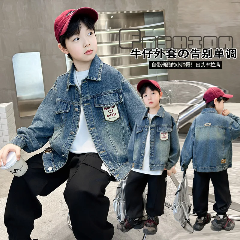 2025 Spring Autumn Children Blue Washed Denim Jacket For Kids Boys Loose Long Sleeve Fashion Jeans Jacket Coat 4-14 Year old