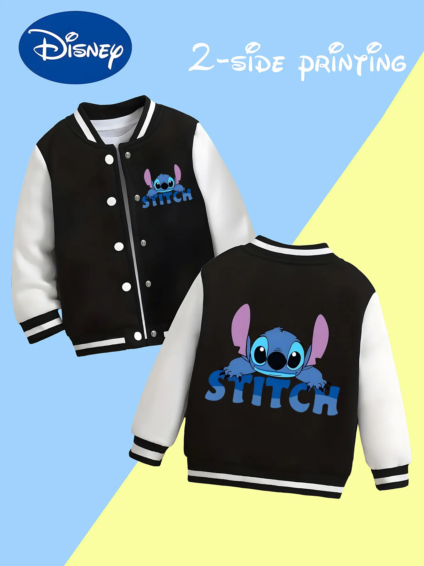 

MINISO Disney Stitch Boys' Baseball Jacket with Letters - Stitch Letters Print, Double-sided Print, Casual Wear, Versatile