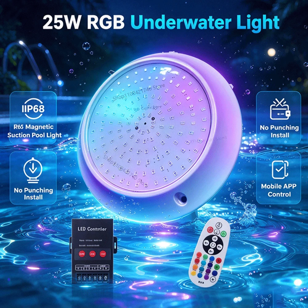 RGB Underwater Lights IP68 Magnetic Suction 25W Swimming Pool Light Mobile APP Control No Punching Install Pool Party Decoration