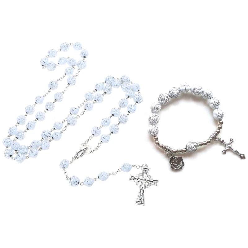 Rose Bead Rosary Necklaces Holy Catholic Jewelry Charm Crafts