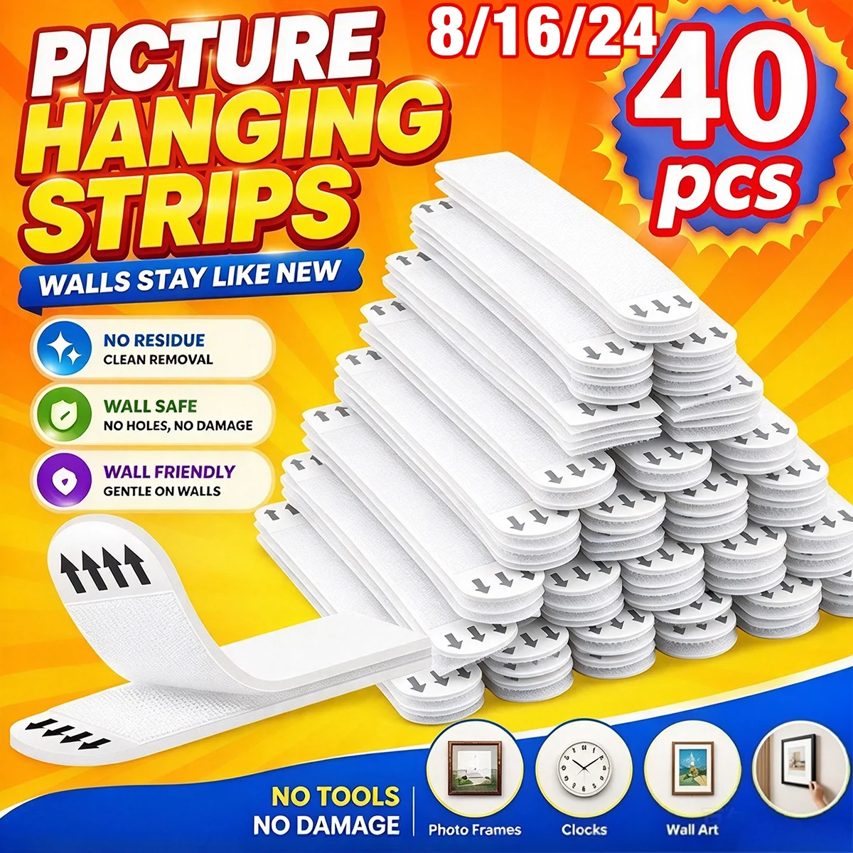 8/16/24/40pcs Double Sided Picture Hanging Strips Adhesive Hook Loop Tape For Mounting Photo Frame Fixed DIY Wall Decor Stickers