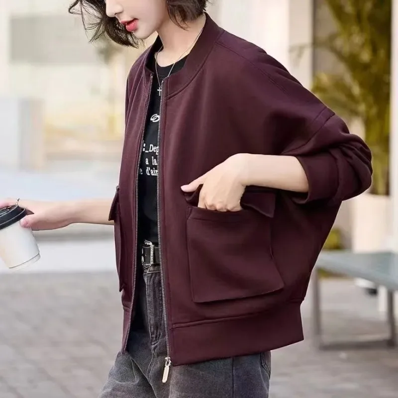 Women Crew Neck Fleece Lined Baseball Jacket Pocket Loose Short Casual Outerwear