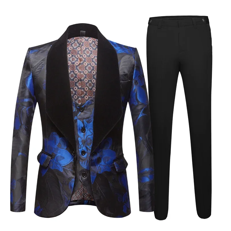 Jacquard Suit for Men Tide Men Navy Blue Floral Print Fashion Casual Suits Latest Coat Pant Designs Wedding Groom Stage Costume