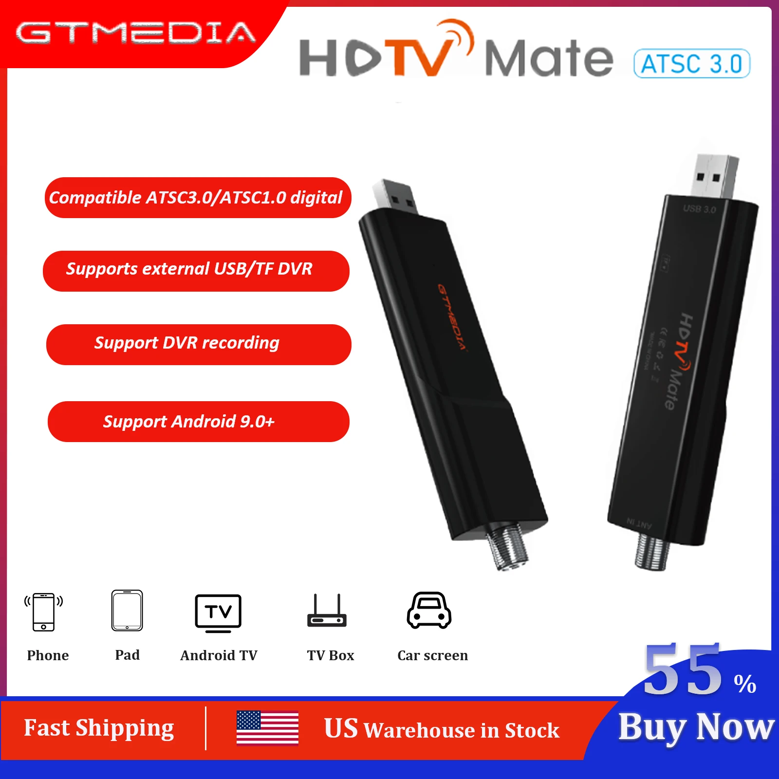 

GTMEDIA HDTV Mate ATSC 3.0/1.0 TV Stick 4K UHD/HD Support DVR Recording USB 3.0 TF Card Connected to Pad, Phone, TV, Car for USA