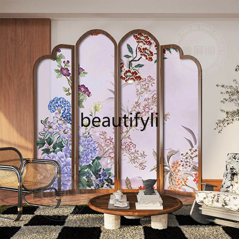 

French medieval solid wood folding screen dining room bedroom decorative sofa background wall folding screen flower picture