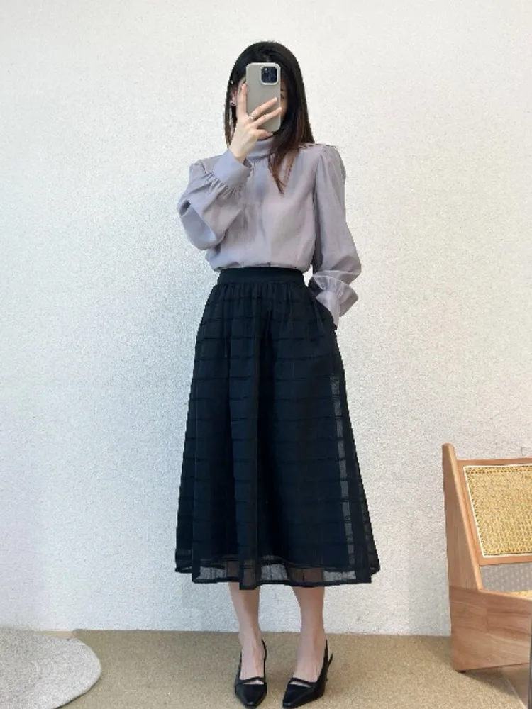 

Elegant Korean Style Midi Plaid Skirt Double Layered Tulle A-Line Half Body Skirts Large Hemline Spring New Arrival