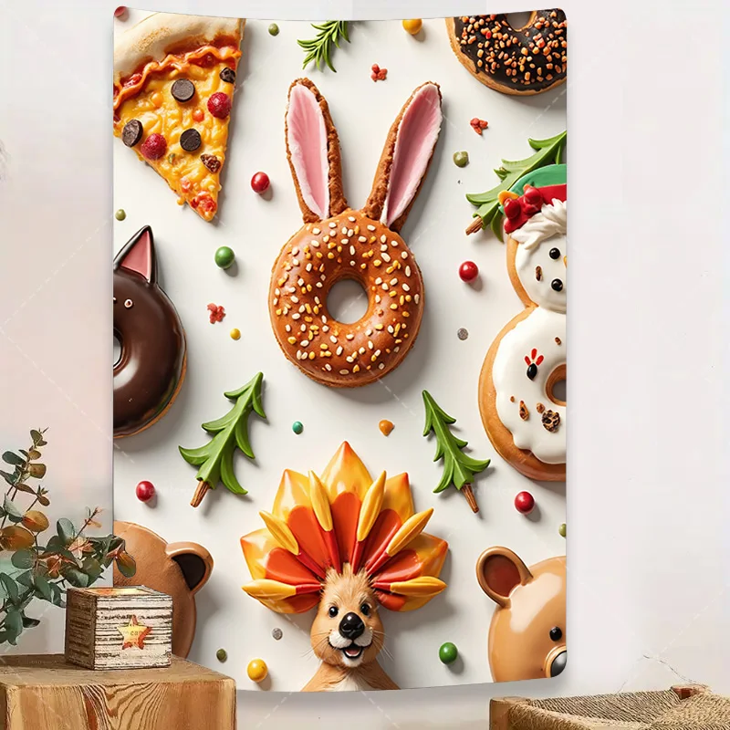

1pc Wall Tapestry "Festive Donut & Pizza Art Print - Fun Kitchen Wall Decor"