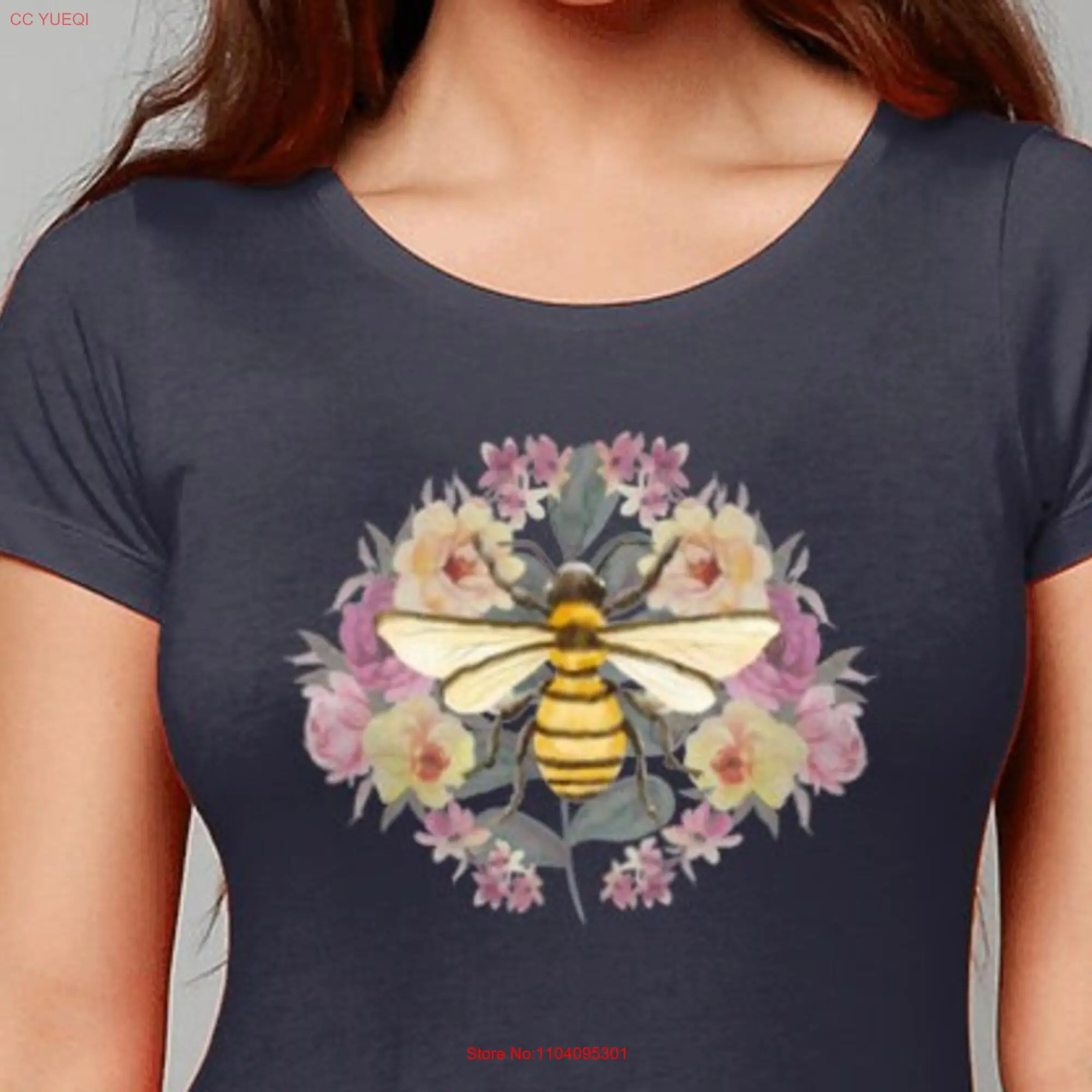 Bumble Bee flowers Watercolour Fitted T shirt Ladies floral design top tee Birthday long or short sleeves