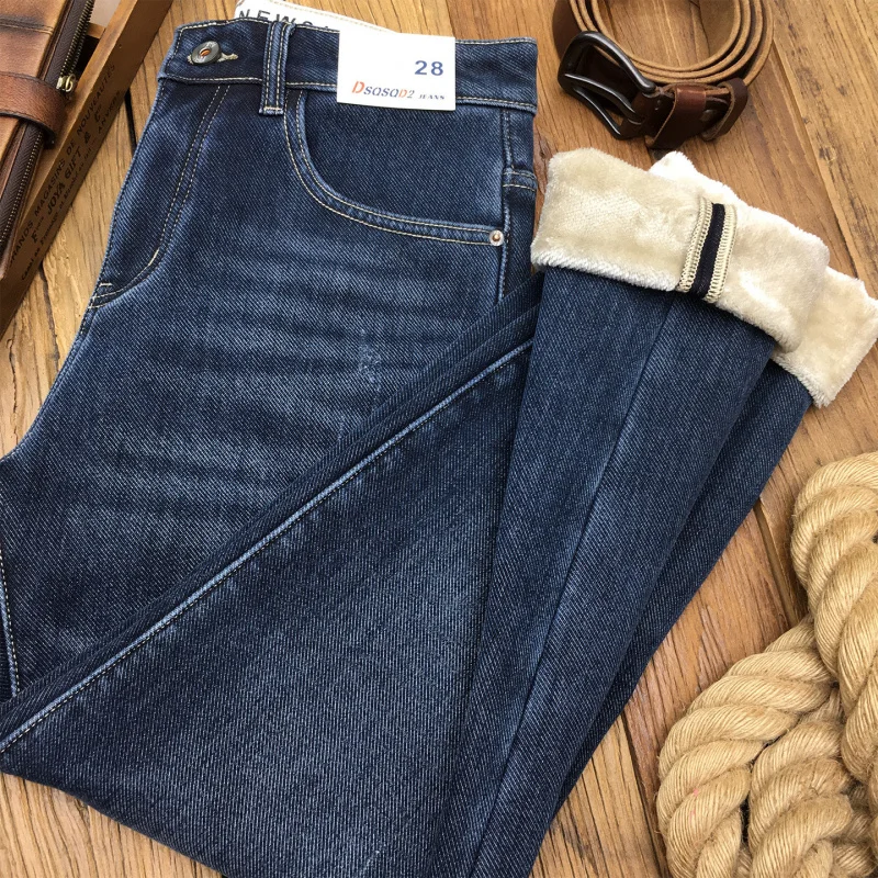 Winter fleece jeans men's 2025 high-end trend stretch slim fit small straight tube cold resistant and warm long pants