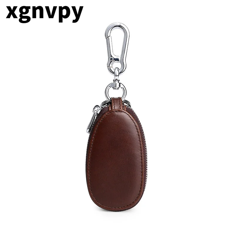 Xgnvpy-Llavero de cuero Premium para hombre, Cartera de doble capa con cremallera, capa superior de piel de vaca Retro