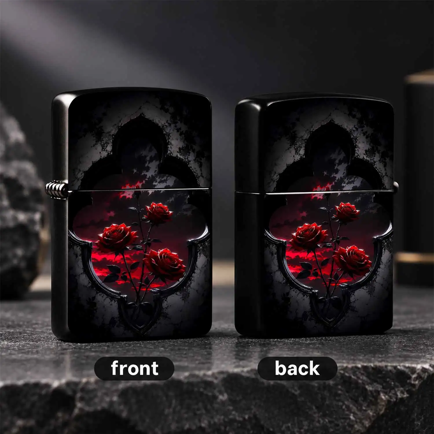 Gothic Dark Red Rose Pattern Lighter Retro Aesthetic Portable Ignition Device Multi-Scenario Applicable Unique Dark Style Exquisite Craftsmanship Ideal For Daily Use And Gifting Present Delicate Artistic Design Meets Practical Function A Hu