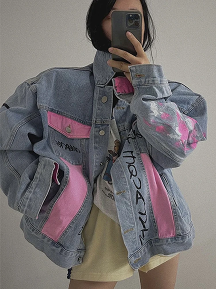 

Streetwear Contrast Color Pink Lapel Single Breasted Denim Coats Casual Letter Printed Women Jacket Female Autumn Winter X419