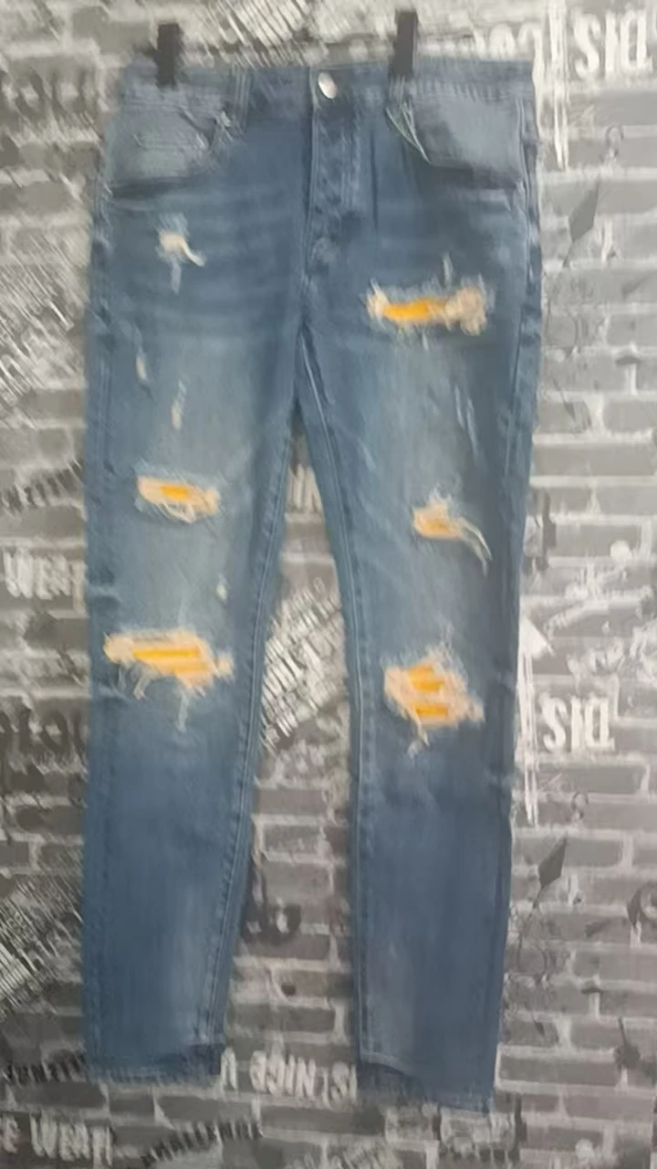 Y2Kstreetdesigner fashion new high-quality men's jeans with yellow leather patch washed blue nostalgic stretch slim fit jeans
