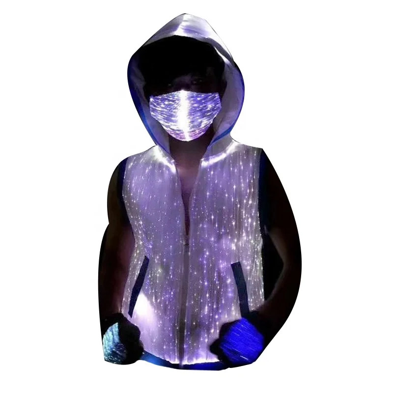 Fashion Luminous Black Light Emitting Diode Fiber Optic Hoodie Sleeveless Rave Clothing Light Up Men's Luminous Hoodie