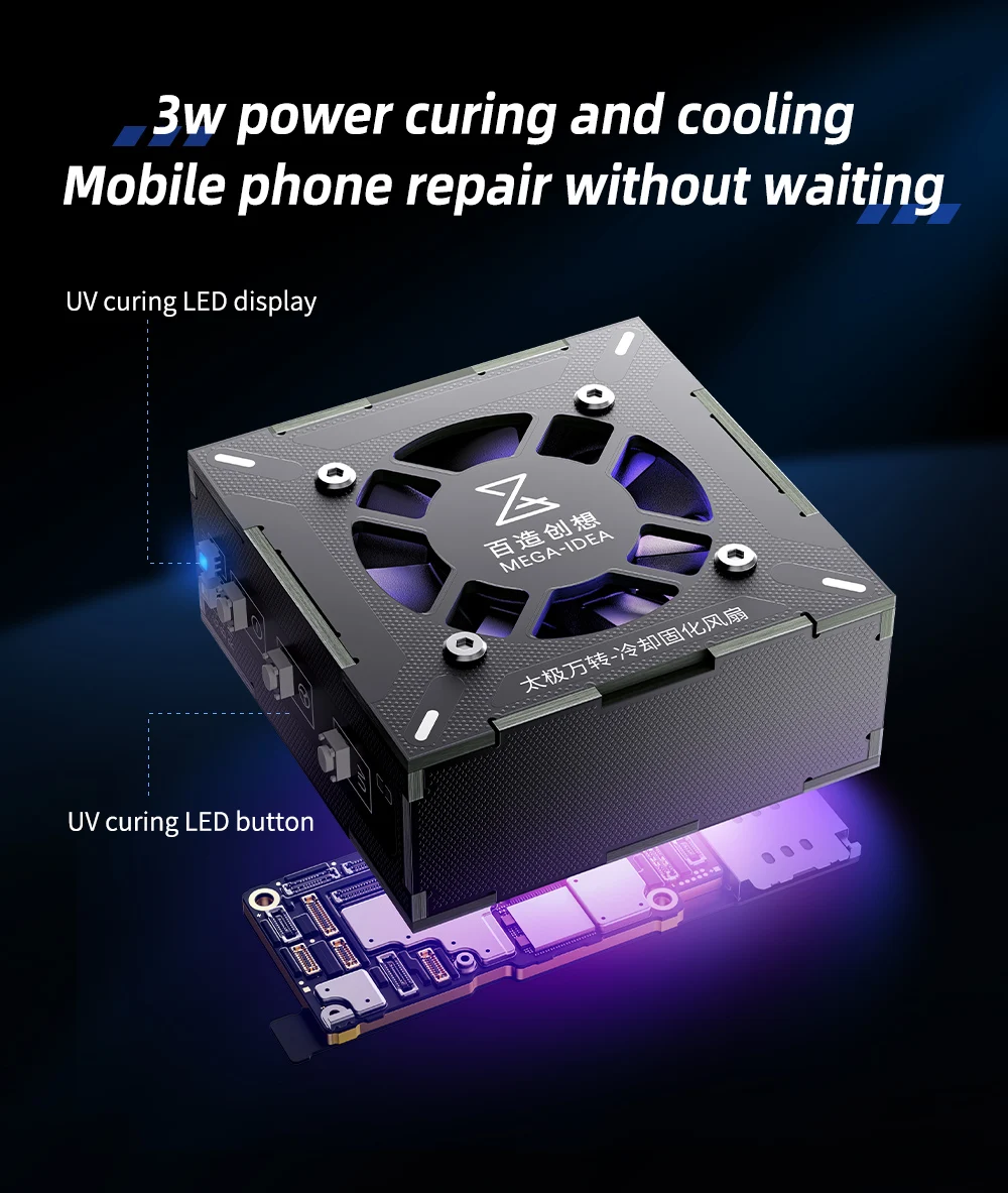 Qianli MEGA-IDEA 3W Turbo Raffreddamento Ventola di polimerizzazione Riparazione chip scheda madre Dissipazione rapida del calore Polimerizzazione UV Ventola di raffreddamento di scarico del fumo
