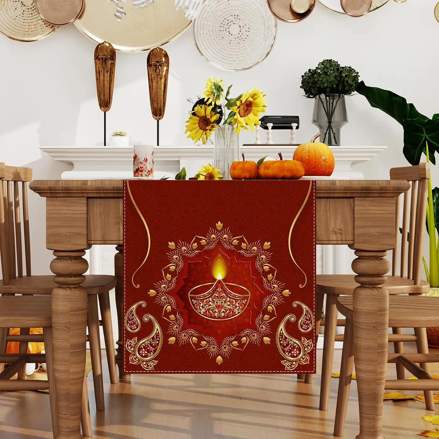 Happy Diwali Linen Table Runner Holiday Party Decor Reusable Festival of Lights Kitchen Dining Table Runner Diwali Decorations