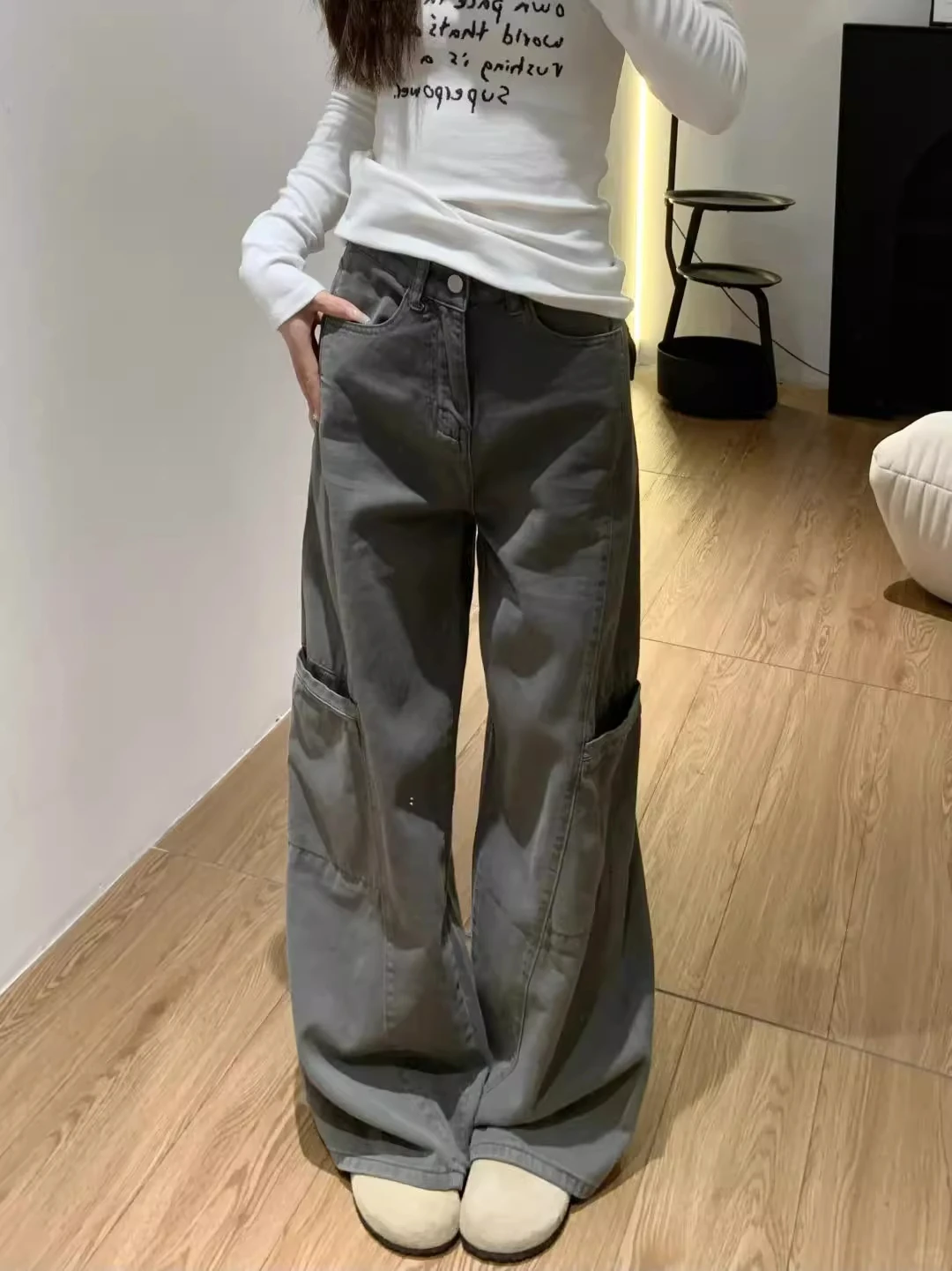 

Серые широкие рабочие брюки в американском стиле для женщин, весенние, больших размеров, свободные, стройнящие, с высокой талией, длинные, повседневные