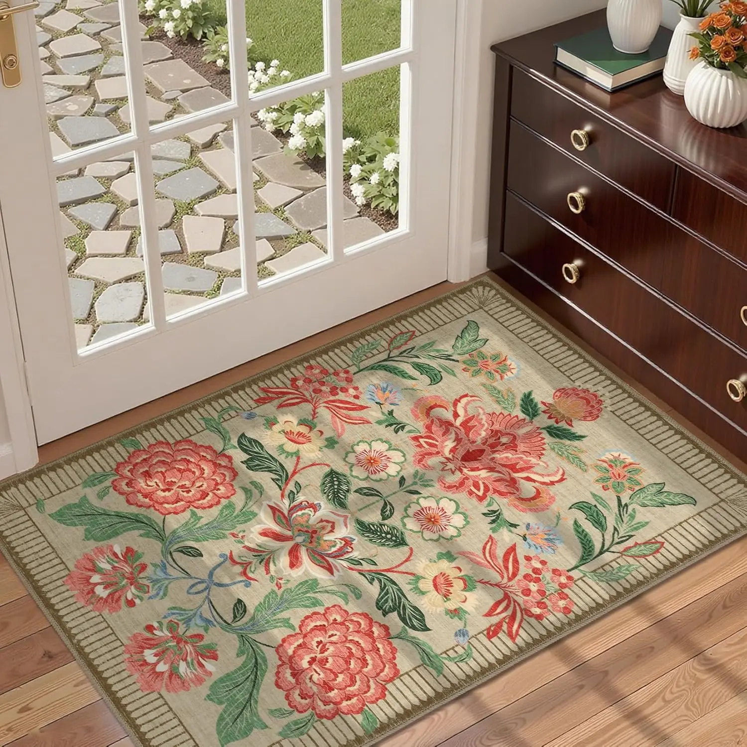 Teppich mit Blumenmuster, mehrfarbiger Hintergrund, rutschfester Teppich, Heimdekoration, Innendekoration, Blumenmuster, Fußmatte