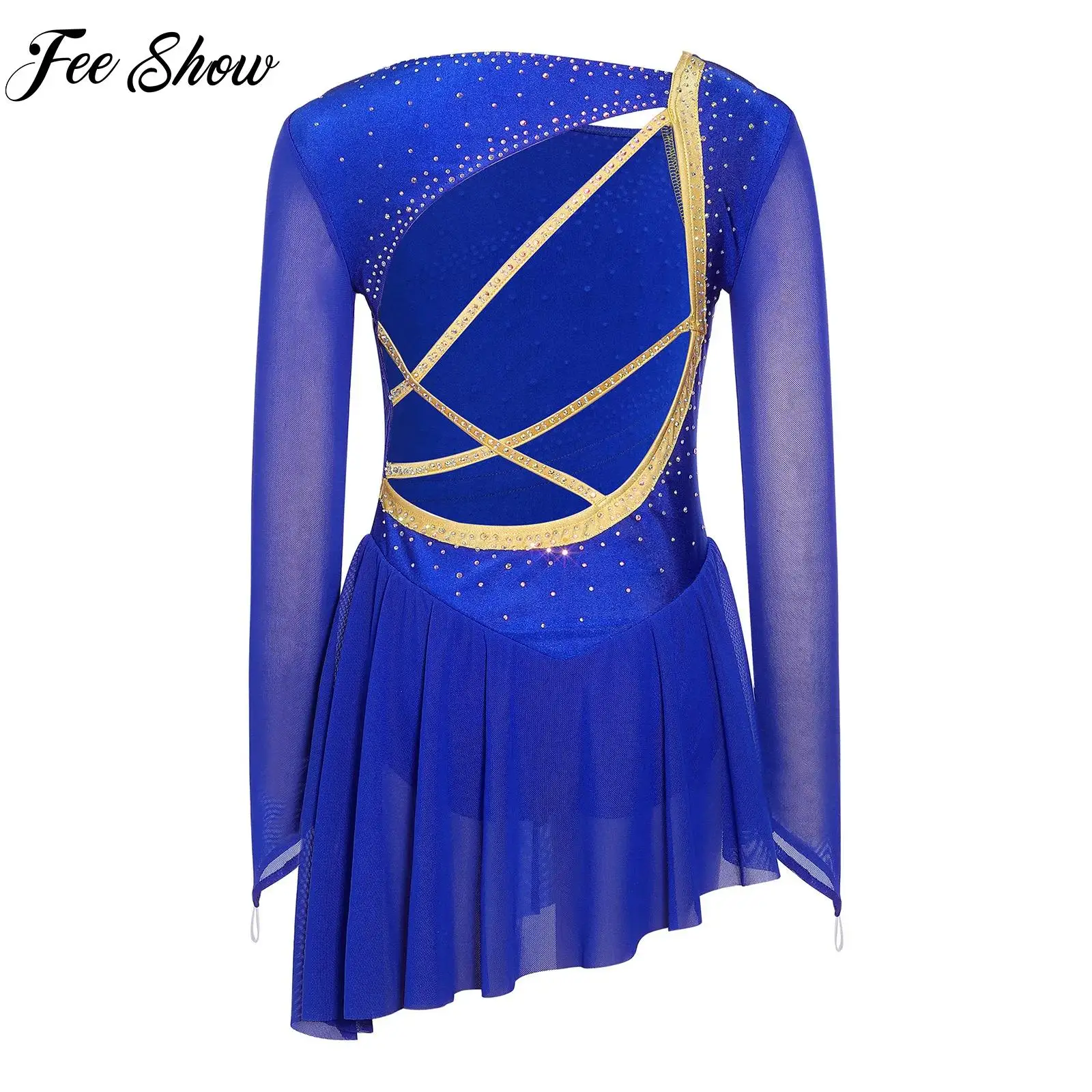 

Teen Girls Ballet Dance Dress Kids Long Sleeves Rhinestones Mesh Dress for Figure Skating Lyrical Modern Dance Stage Performance