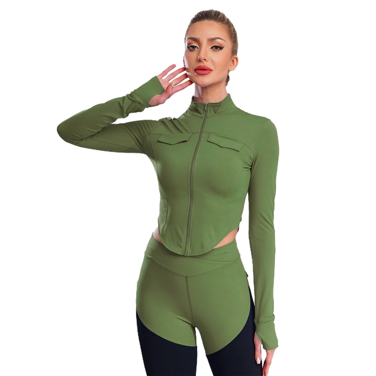 

Women Slim Fit Stretchy Curved Hem Workout Jacket Yoga Running Athletic Tops Thumb Holes Long Sleeves Crop Top Gym Outerwear