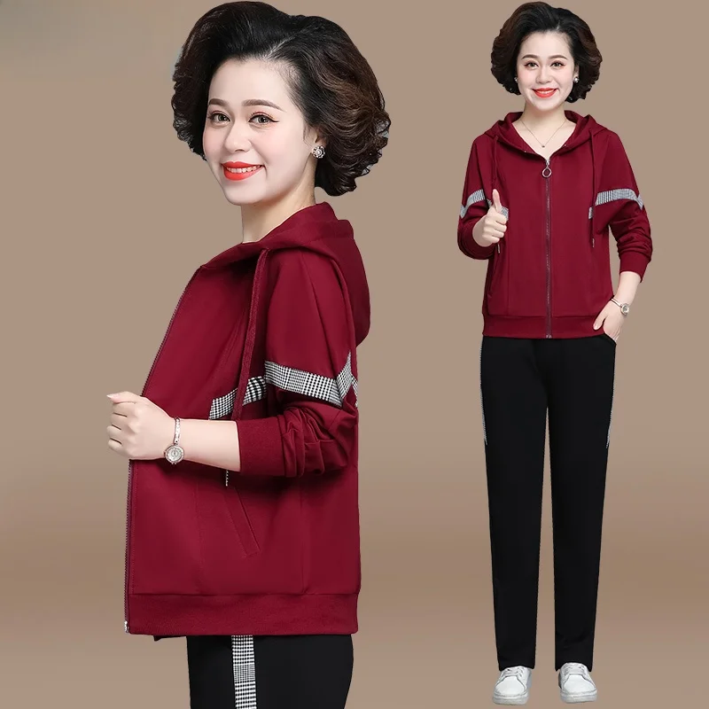 

Повседневный спортивный костюм-двойка для женщин среднего возраста: осенне-весенний комплект из худи и куртки больших размеров, модная верхняя одежда