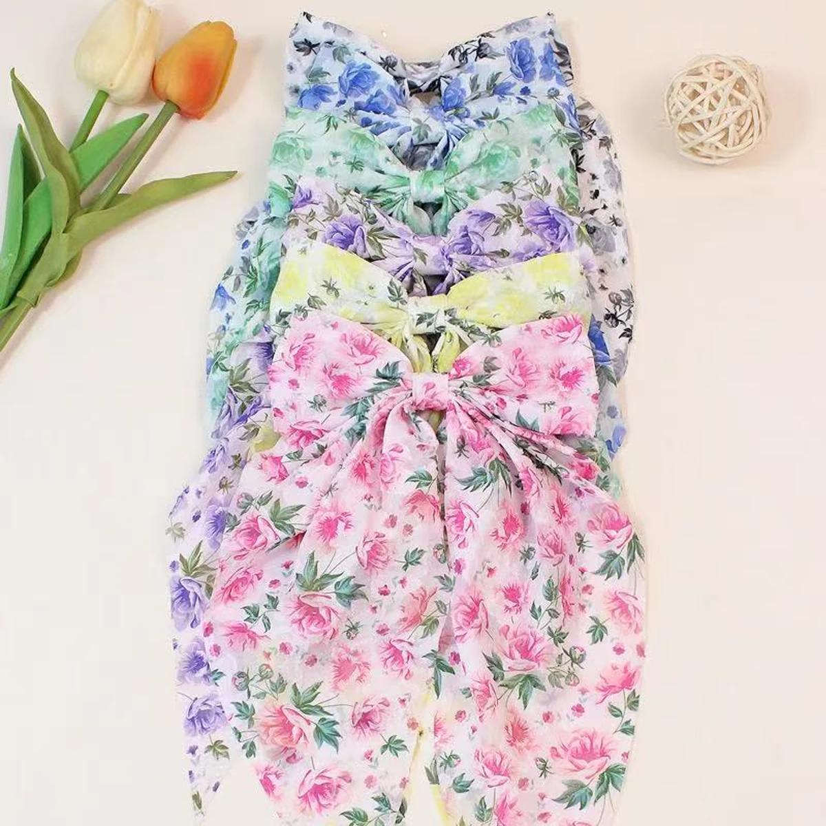 1pc European and American pastoral style rose floral chiffon bow hair clip，Girl's spring and summer fashion streamer  duckbill