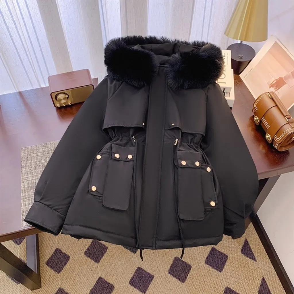 plus Size Women's Fleece-Line Thickened Cotton-Padded Jacket Wool Collar Autumn Winter Loose Outerwear Fashionable Parka