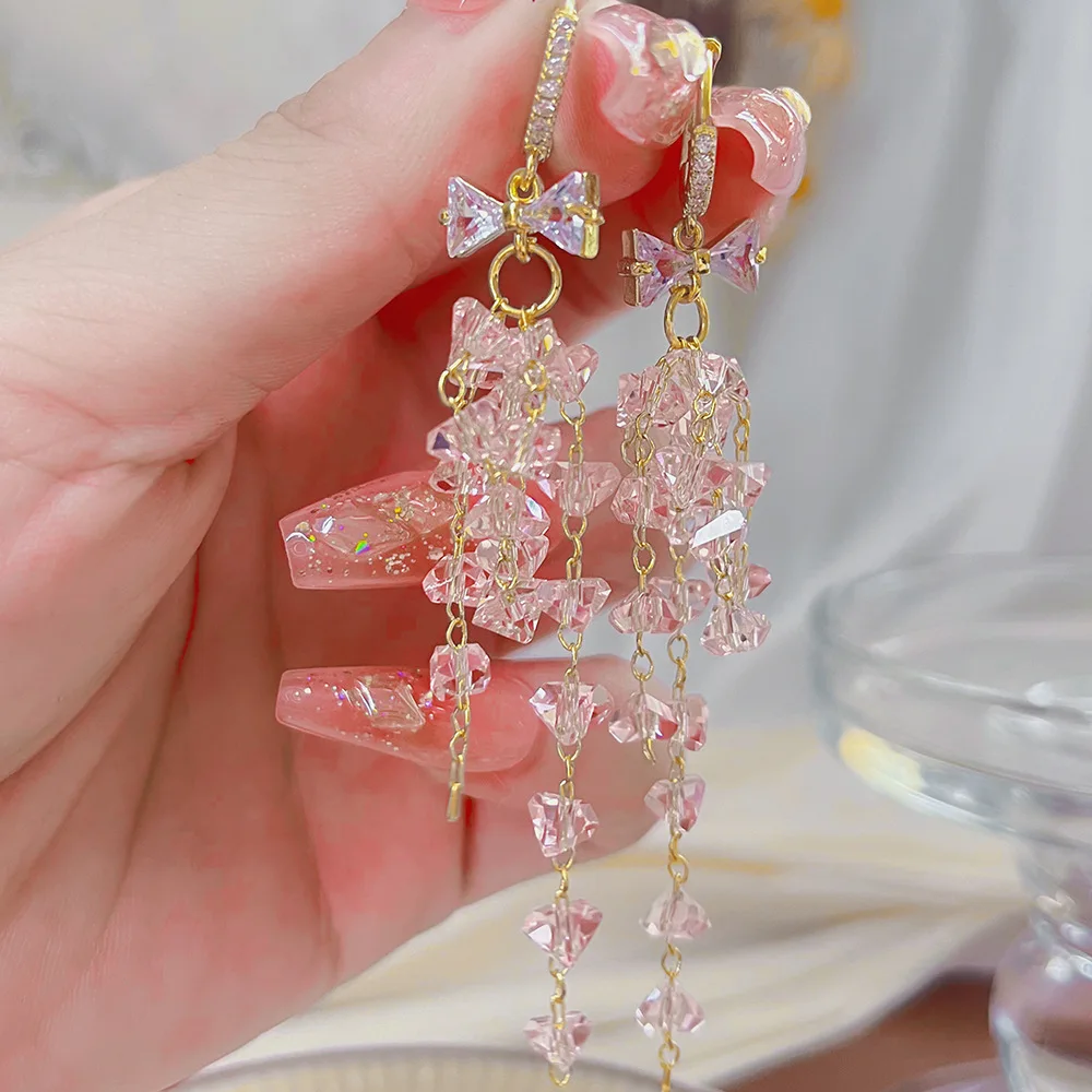Romantic Pink Crystal Long Tassel Earrings for Women Exquisite Zircon Bow Hoop Earrings Bride Wedding Party Jewelry Gifts
