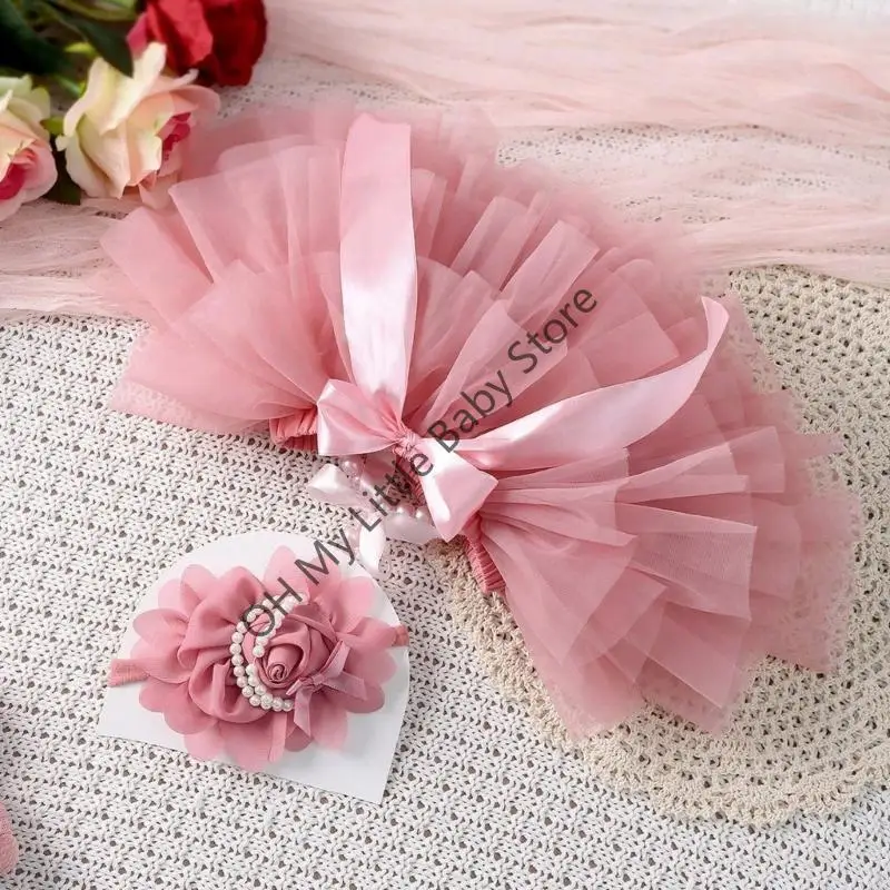 

M76C Bowknot Skirt Hairband Set for Baby Photography Newborns Girl Photo Clothing Photoshooting Headband Infant Photo Outfit