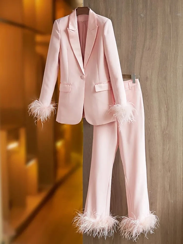 2025 New Fashion Blazer Suits Women Slim Single Button Feather Embellishe Women 2 Piece Casual Office Daily Suit
