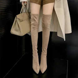 Women's Fashion Suede Over Knee Boots Women's New Autumn and Winter Pointy High Heel Heels Brown Elastic Skinny Boots