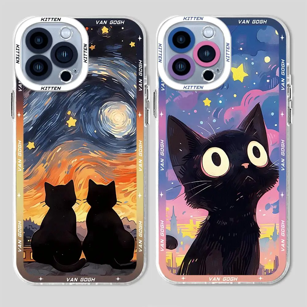 Phone Case for Apple iPhone 14 Pro Max 12 15 Pro XS Max 13 Mini 7 8 XR 11 Pro SE Transparent Soft Cover Van Gogh Art Cat