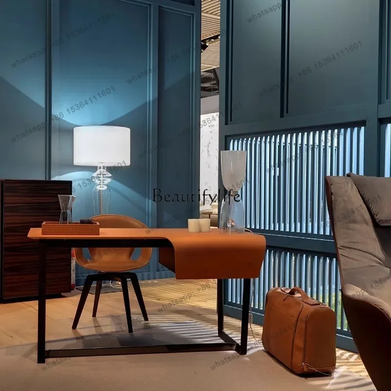 

LJYNordic saddle leather desk Italian minimalist solid wood writing desk office computer desk