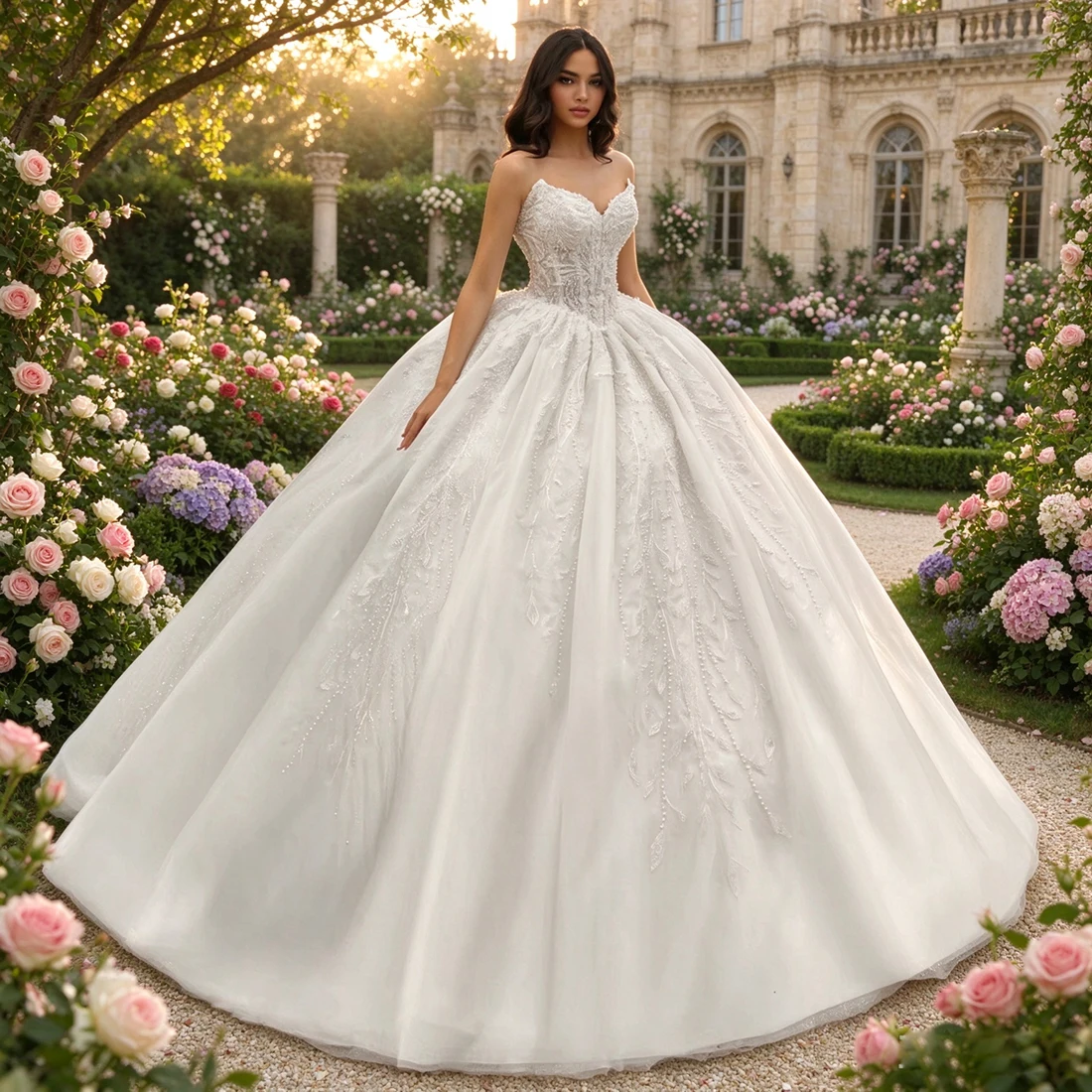 Alonlivn Custom Made Exquisite Sweetheart Ball Gown Wedding Dresses With Beaded Pearls Appliques Embroidery Puffy Bridal Dresses