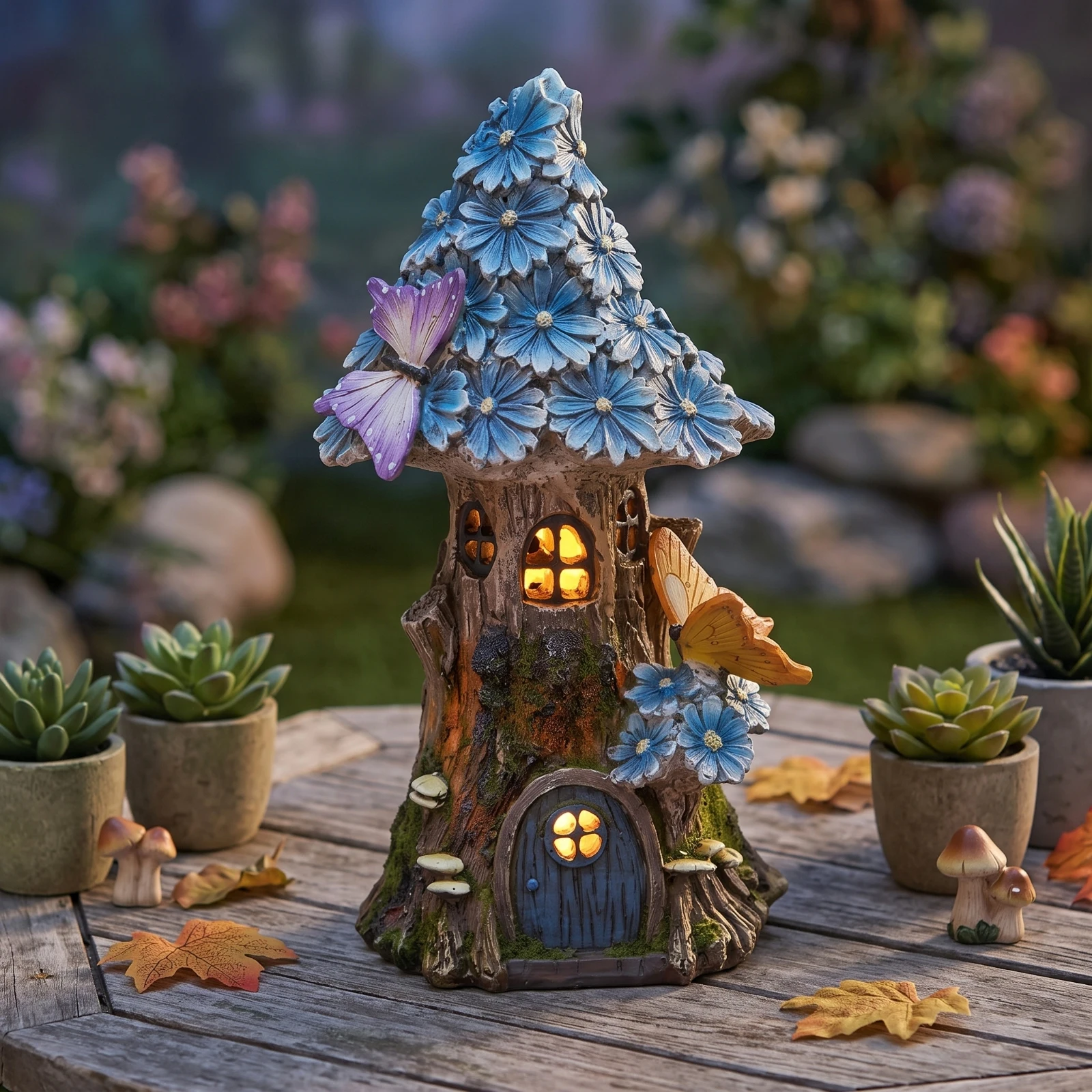 Fairy House with Solar Light Resin Tree House Statue Miniature Treehouse Glowing Yard Ornament Resistant for Gardeners, Patio view 3