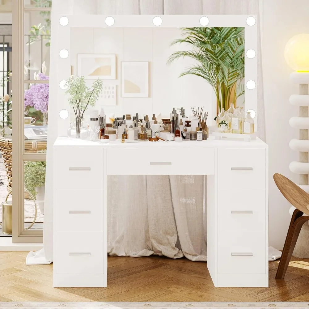 

Vanity Table, Makeup Desk with Lighted Mirror, Dressing Desk with Drawers and Adjustable Brightness, 3 Color Lighting Modes