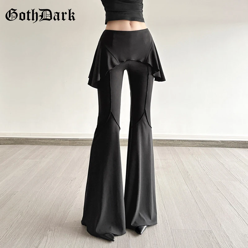 

Goth Dark High Waist Pure Color Long Pants Women Casual Waisted Decor Flare Pant Mall Goth Slim Trousers Basic Street Teachwear