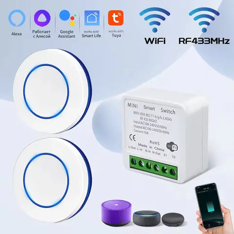 Tuya WiFi 스마트 스위치 16A RF 433Mhz 무선 릴레이 수신기 미니 라운드 패널 스위치 음성 제어는 Alexa Google 홈과 함께 작동합니다.