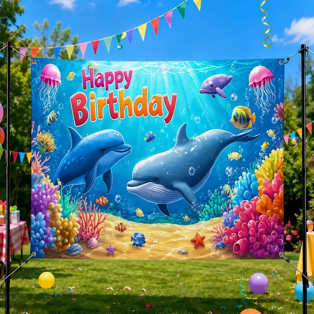 Underwater Shark Dolphin Flags Birthday Party Flag Tapestries Outdoor Parties Bedrooms Living Rooms  Wall Decor Gifts