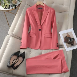 ZJYT Elegant Pants Sets for Women 2 Pieces Clothing Matching Set One Button Blazer Trousers Suit Large Size Jacket Outfit Autumn