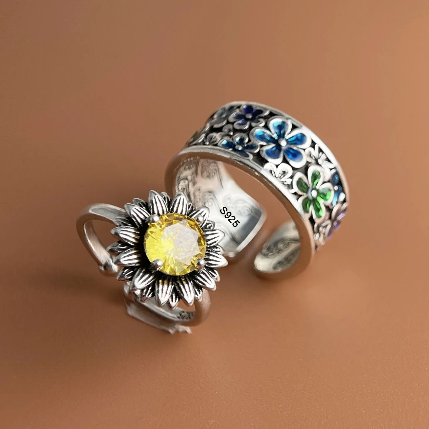 925 فضة خواتم للنساء زوجين الحد الأدنى اليدوية بسيطة الأصفر زهرة الزركو خاتم غرامة مجوهرات هدية منع الحساسية