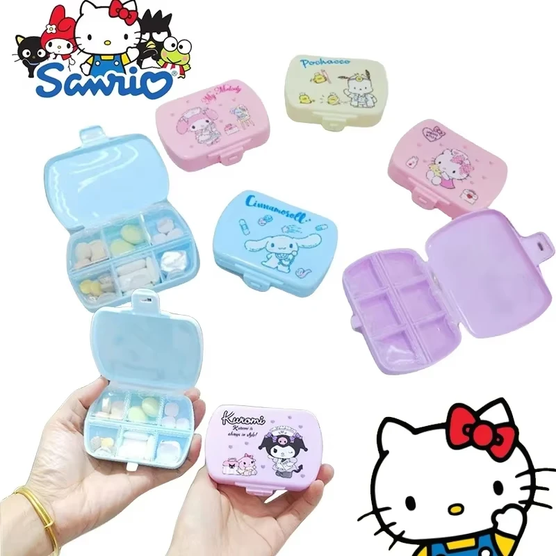 Sanrio Hello Kitty Pill Box Kuromi Cinnamoroll 6 Grid Medicine Case Mini Portable Outdoor Travel Moisture Proof Pill Organizer