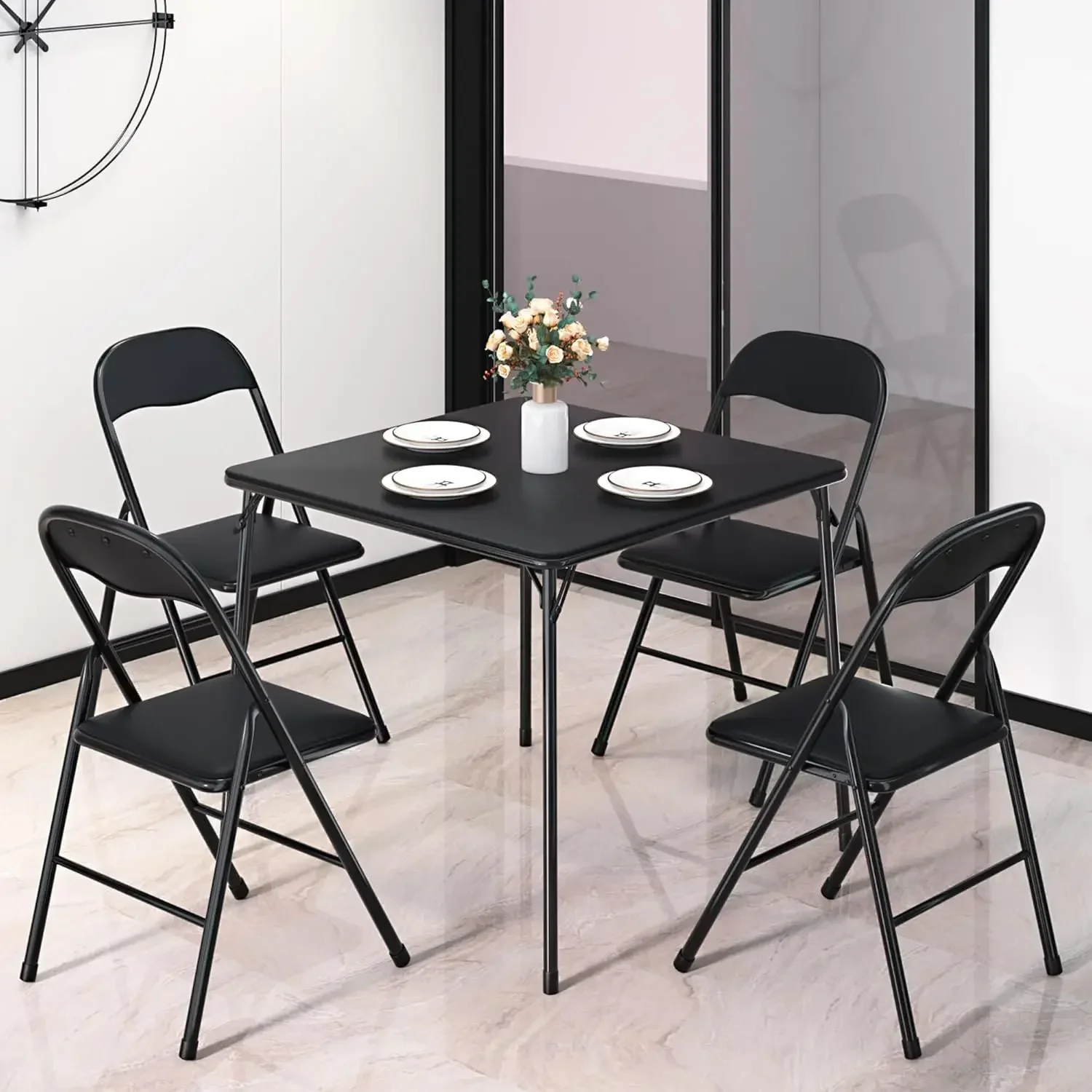 Folding Card Table and Chair Set of 5 Foldable with Padded Upholstery Tabletop, Metal, Black