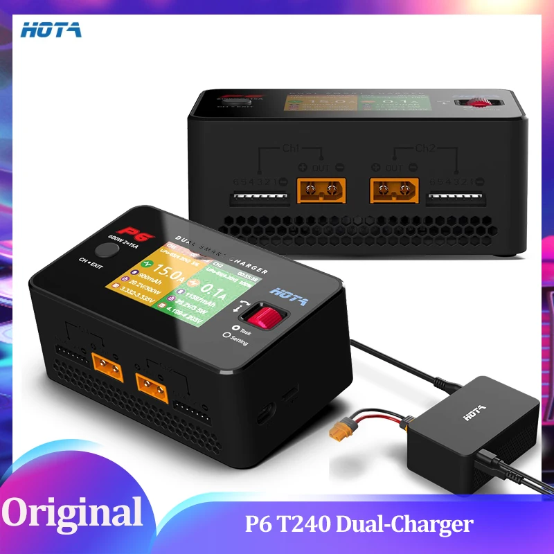 

HOTA P6 T240 Dual-Charger - 240W Total (120W×2) 10-30V DC Input 15A×2 | LiPo/LiHV/NiMH/Pb Smart Cooling LCD Display