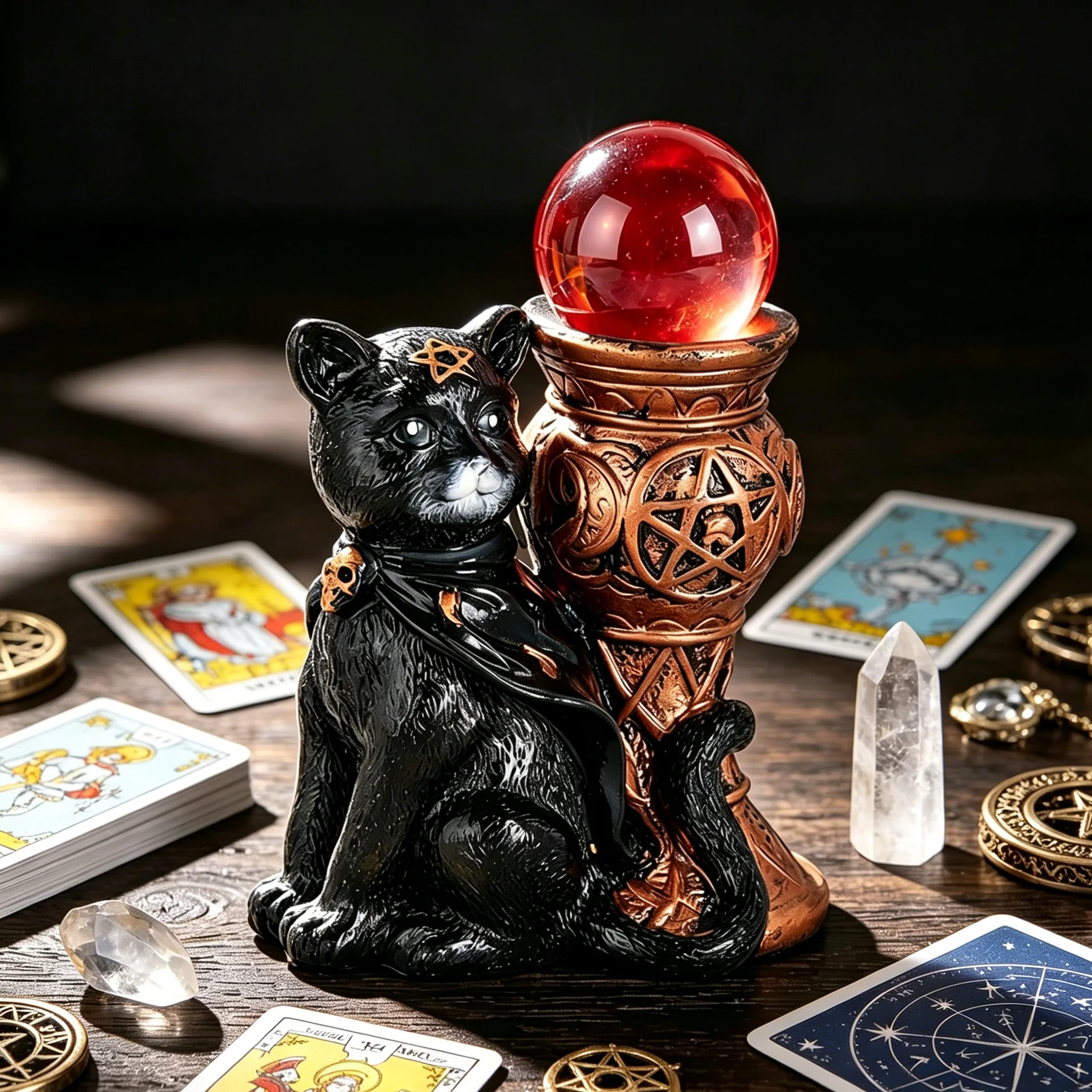 Wiccan Witch Black Cat Pentagram Crystal Ball Holder Vintage Resin Candle Holder Altar Ornament Sphere Display Stand Decor Gift