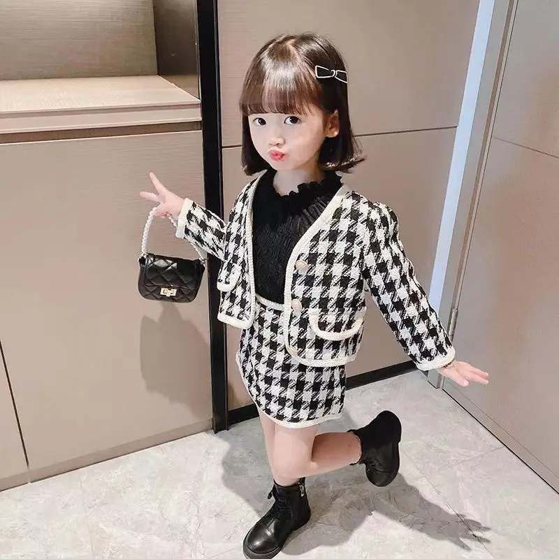 Fall Girls Sweaters Set autumn Winter Long-sleeved Plaid Top Skirt Two-piece Suit Baby clothes suit Toddler Girl dress set