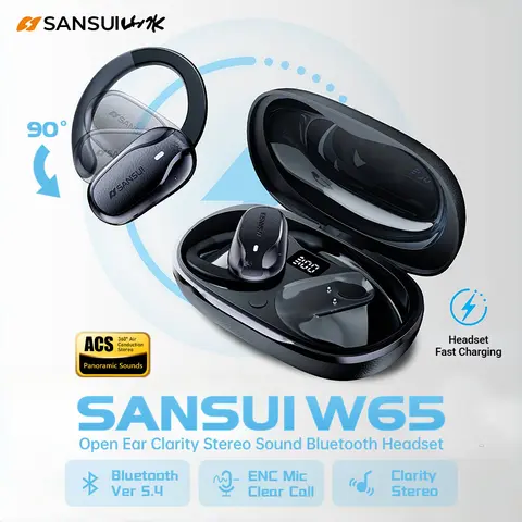 Sansui W65 오픈 이어 블루투스 5.4 이어폰 ENC 소음 감소 공기 전도 헤드폰 90 ° 조정 가능한 OWS Bluetooth 이어훅