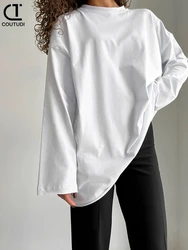 COUTUDI-Oversized T-Shirt for Women, Loose Pullover,Long Sleeve, Casual 100% Cotton Tee Shirt, Lady Tops, Korean Streetwears